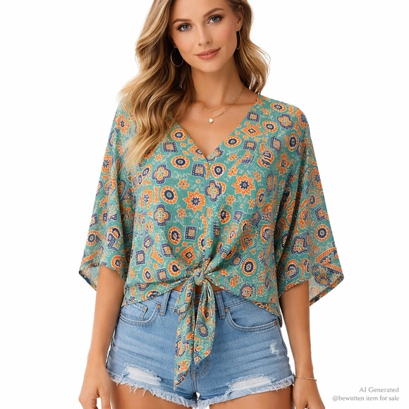 Karma Highway Tops - KARMA HIGHWAY M–XL Teal Boho Tie Front Blouse Festival Top